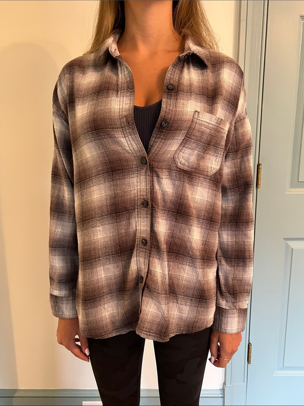 Garage Brown and White Plaid Button-Down Shirt